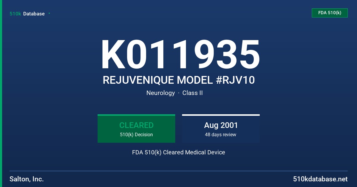 K011935 REJUVENIQUE MODEL #RJV10 FDA 510(k) Cleared Medical Device