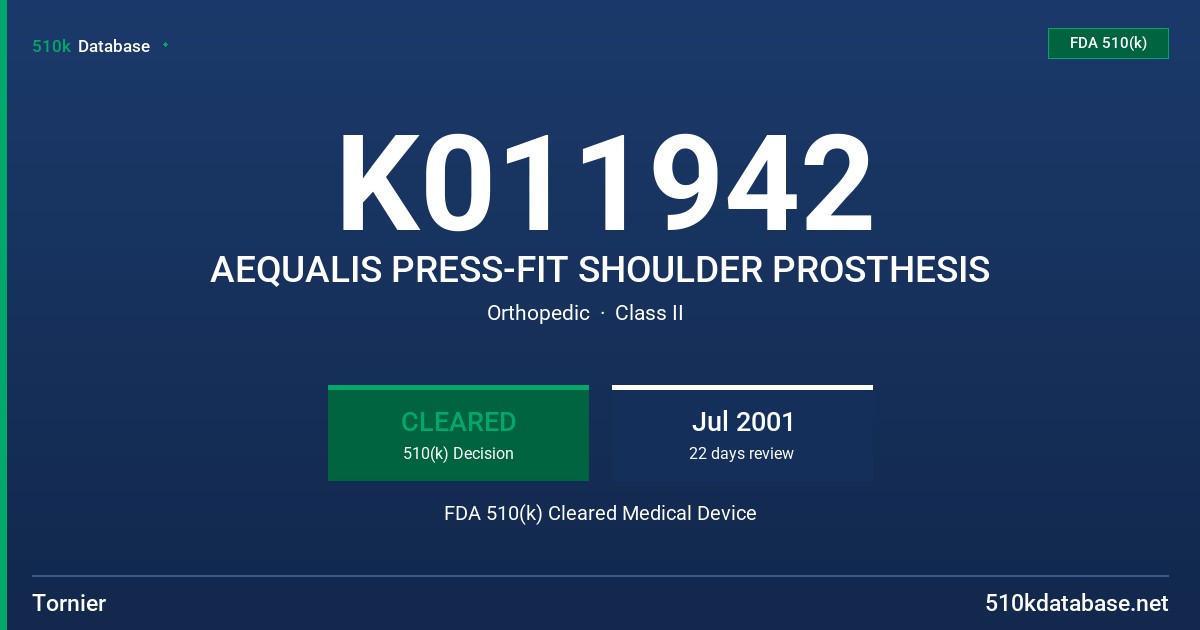 K011942 AEQUALIS PRESS-FIT SHOULDER PROSTHESIS FDA 510(k) Cleared Medical Device