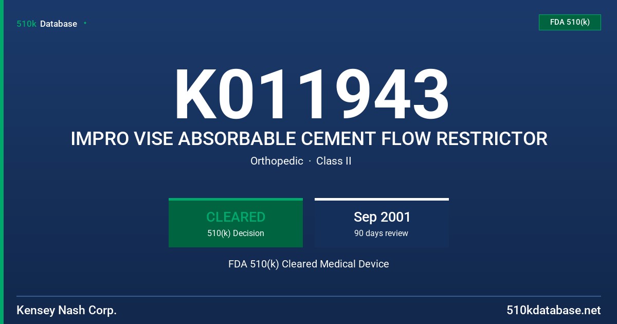 K011943 IMPRO VISE ABSORBABLE CEMENT FLOW RESTRICTOR FDA 510(k) Cleared Medical Device