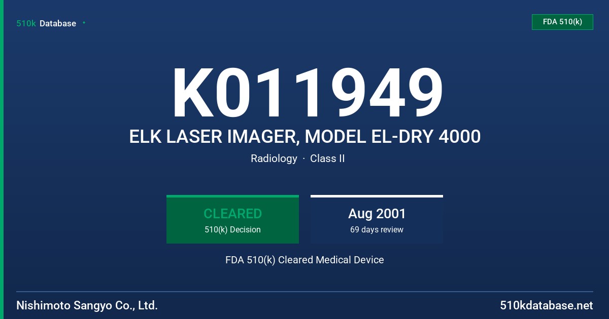 K011949 ELK LASER IMAGER, MODEL EL-DRY 4000 FDA 510(k) Cleared Medical Device