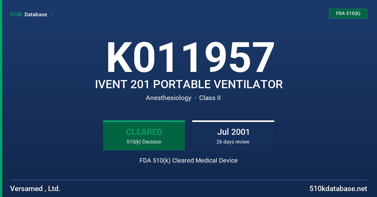 K011957 IVENT 201 PORTABLE VENTILATOR FDA 510(k) Cleared Medical Device