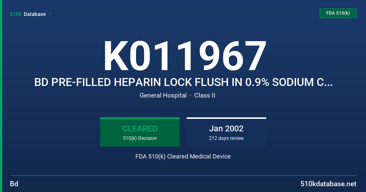 K011967 BD PRE-FILLED HEPARIN LOCK FLUSH IN 0.9% SODIUM CHLORIDE INJECTION, USP SYRINGE FDA 510(k) Cleared Medical Device
