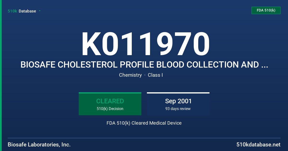 K011970 BIOSAFE CHOLESTEROL PROFILE BLOOD COLLECTION AND TRANSPORT SYSTEM FDA 510(k) Cleared Medical Device