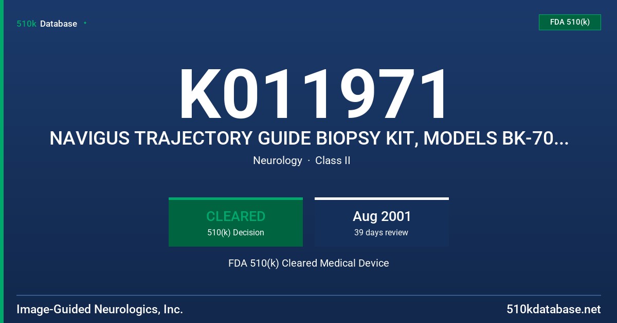 K011971 NAVIGUS TRAJECTORY GUIDE BIOPSY KIT, MODELS BK-7000 AND 8000 FDA 510(k) Cleared Medical Device
