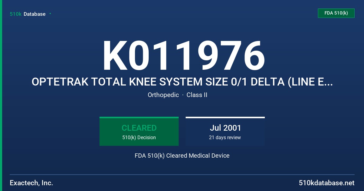 K011976 OPTETRAK TOTAL KNEE SYSTEM SIZE 0/1 DELTA (LINE EXTENSION) FDA 510(k) Cleared Medical Device