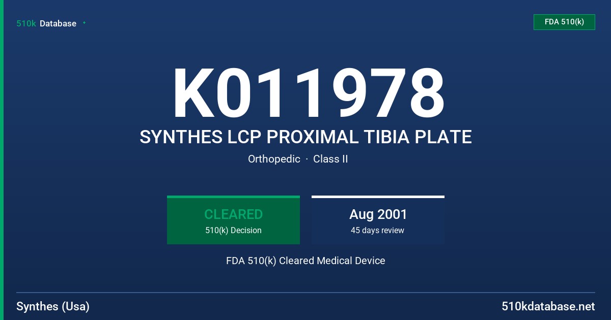 K011978 SYNTHES LCP PROXIMAL TIBIA PLATE FDA 510(k) Cleared Medical Device