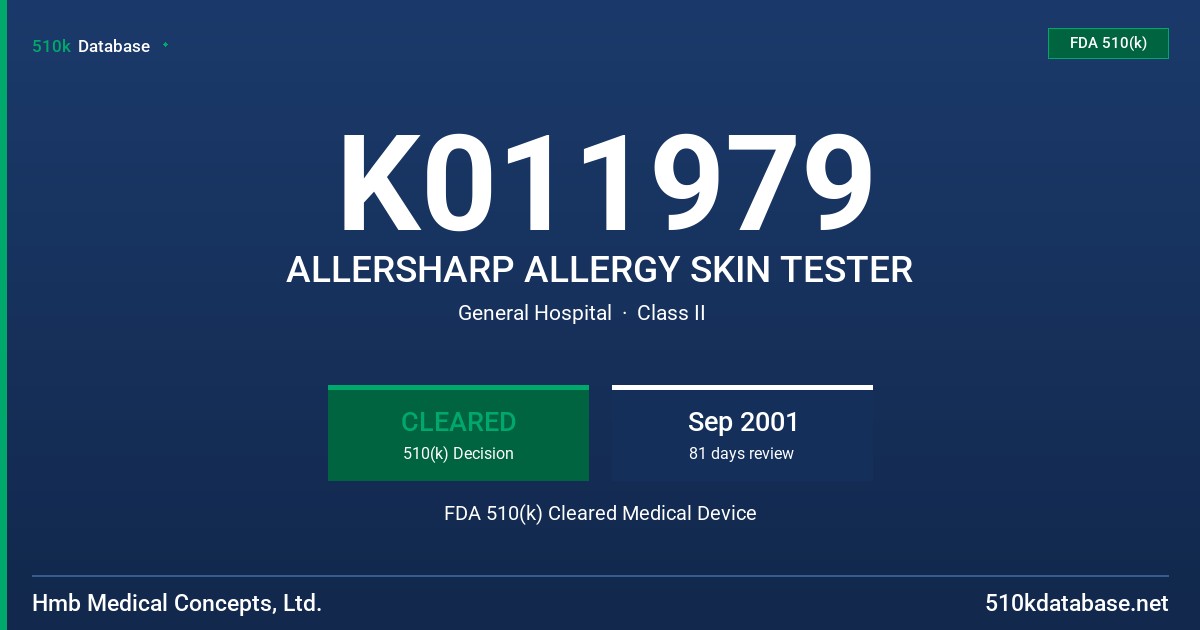 K011979 ALLERSHARP ALLERGY SKIN TESTER FDA 510(k) Cleared Medical Device