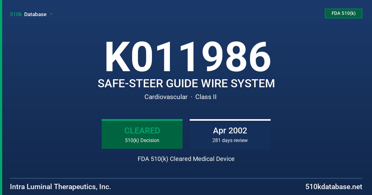 K011986 SAFE-STEER GUIDE WIRE SYSTEM FDA 510(k) Cleared Medical Device