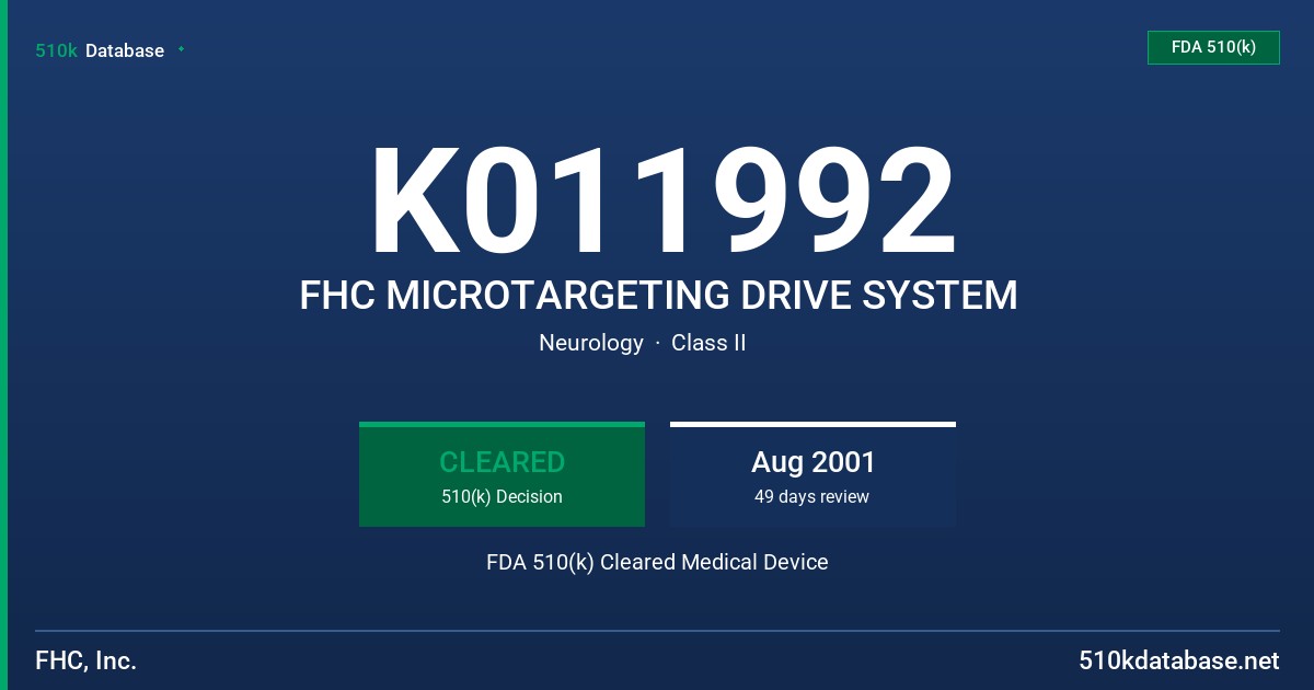 K011992 FHC MICROTARGETING DRIVE SYSTEM FDA 510(k) Cleared Medical Device