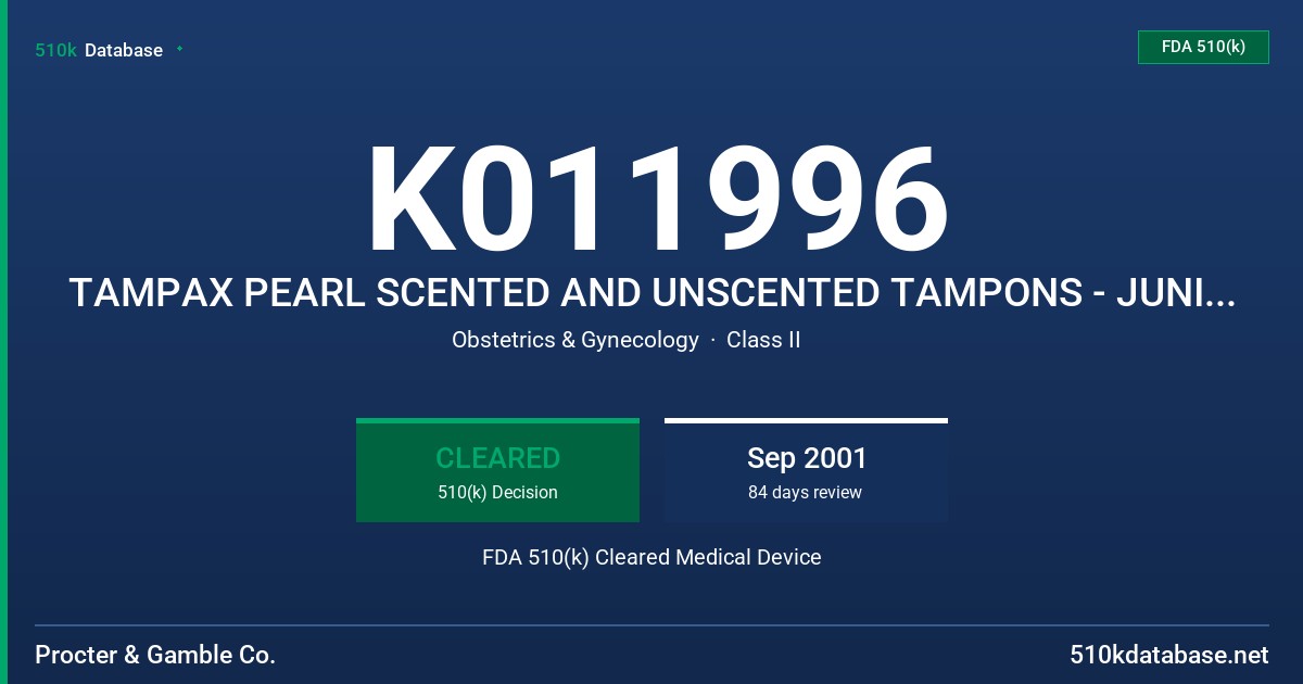 K011996 TAMPAX PEARL SCENTED AND UNSCENTED TAMPONS - JUNIOR, REGULAR, SUPER & SUPER PLUS FDA 510(k) Cleared Medical Device