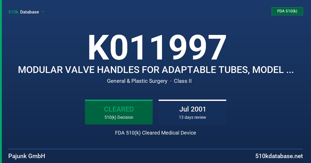 K011997 MODULAR VALVE HANDLES FOR ADAPTABLE TUBES, MODEL 1298-XX-XX, 1295-XX-XX FDA 510(k) Cleared Medical Device