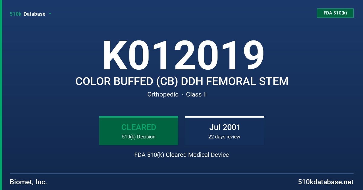 K012019 COLOR BUFFED (CB) DDH FEMORAL STEM FDA 510(k) Cleared Medical Device