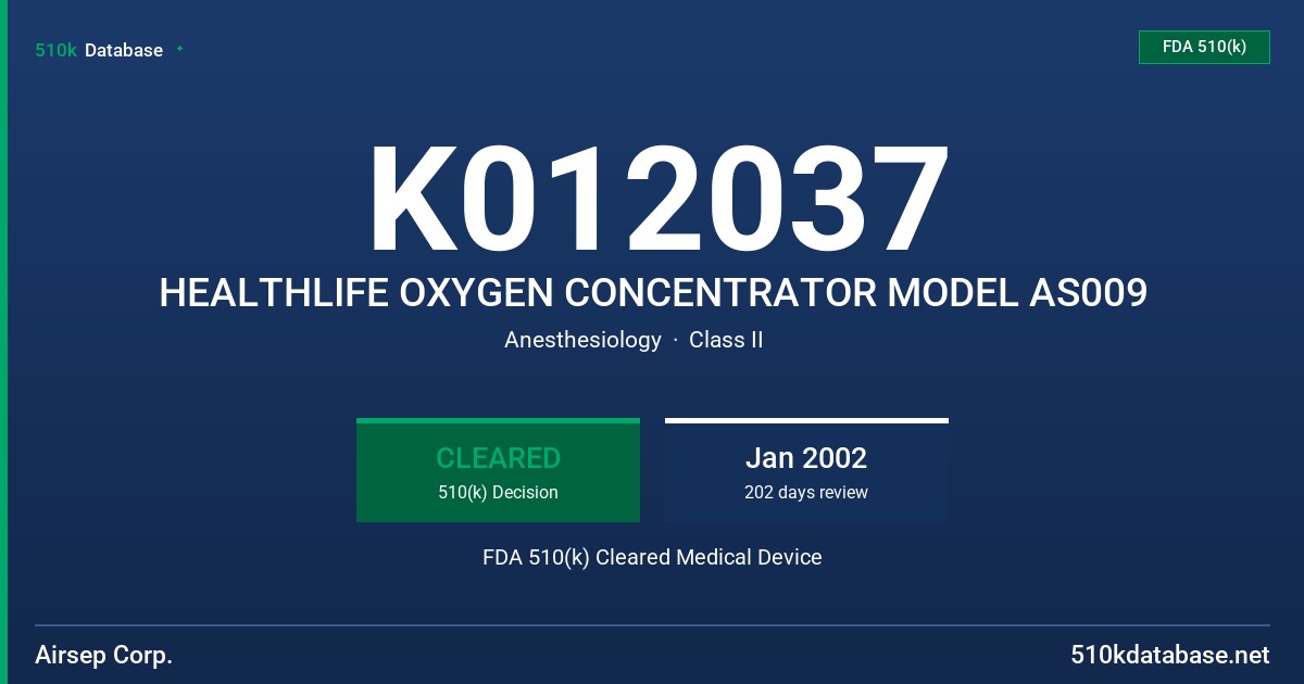 K012037 HEALTHLIFE OXYGEN CONCENTRATOR MODEL AS009 FDA 510(k) Cleared Medical Device