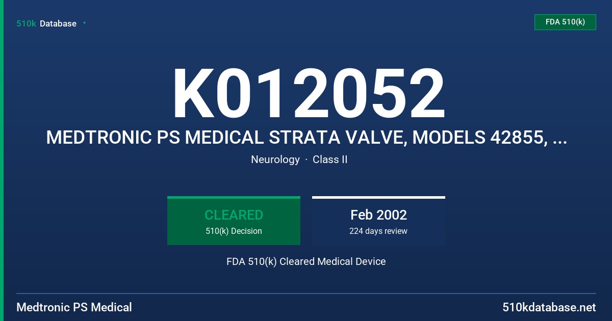 K012052 MEDTRONIC PS MEDICAL STRATA VALVE, MODELS 42855, 42865, 92865, 92855 FDA 510(k) Cleared Medical Device