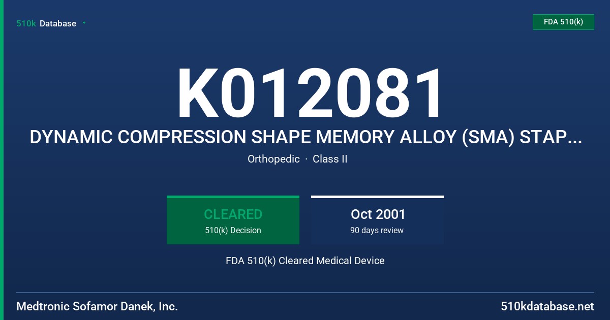 K012081 DYNAMIC COMPRESSION SHAPE MEMORY ALLOY (SMA) STAPLE SYSTEM FDA 510(k) Cleared Medical Device