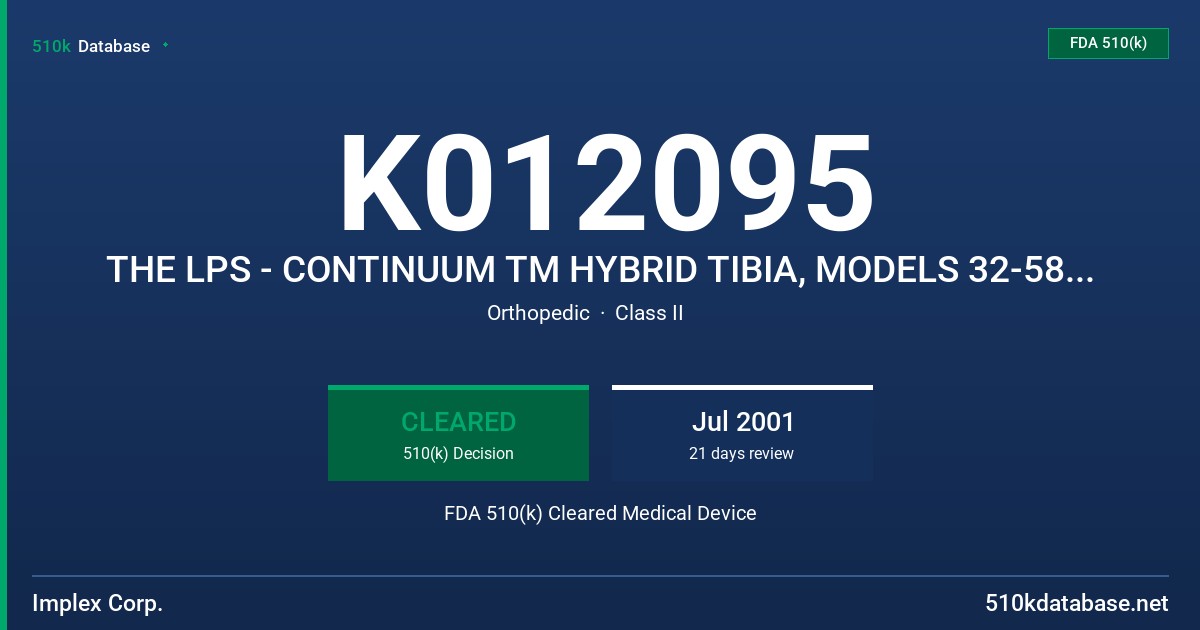 K012095 THE LPS - CONTINUUM TM HYBRID TIBIA, MODELS 32-5886-2Y-XX (ZIMMER) AND 05-119-XXYY1-0 (IMPLEX) FDA 510(k) Cleared Medical Device