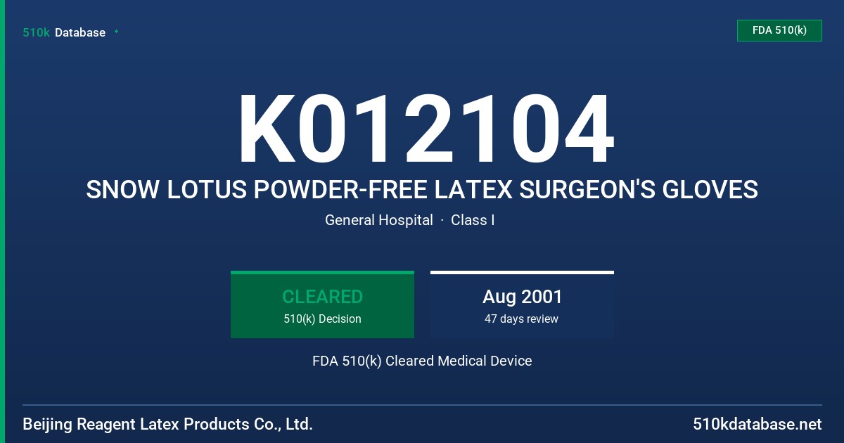 K012104 SNOW LOTUS POWDER-FREE LATEX SURGEON'S GLOVES FDA 510(k) Cleared Medical Device