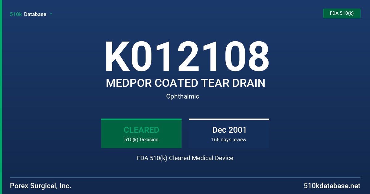 K012108 MEDPOR COATED TEAR DRAIN FDA 510(k) Cleared Medical Device