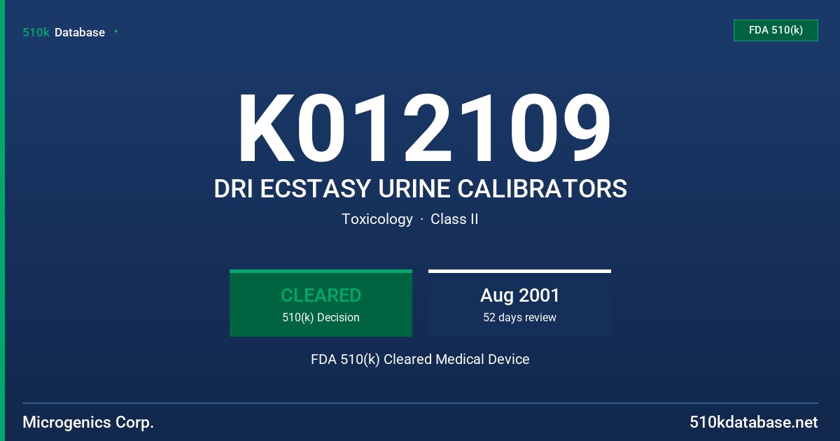 K012109 DRI ECSTASY URINE CALIBRATORS FDA 510(k) Cleared Medical Device