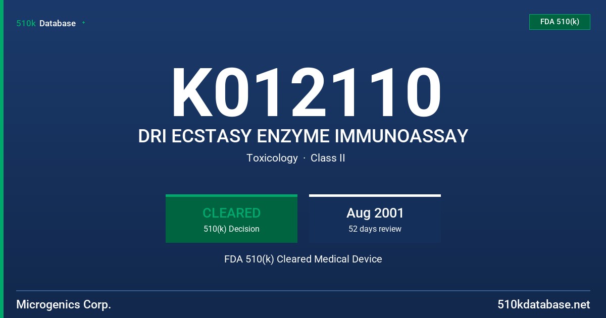K012110 DRI ECSTASY ENZYME IMMUNOASSAY FDA 510(k) Cleared Medical Device