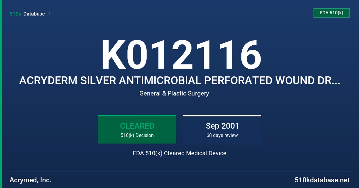 K012116 ACRYDERM SILVER ANTIMICROBIAL PERFORATED WOUND DRESSING FDA 510(k) Cleared Medical Device
