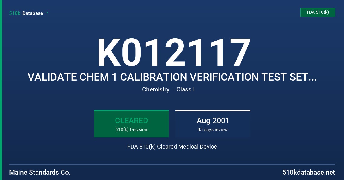 K012117 VALIDATE CHEM 1 CALIBRATION VERIFICATION TEST SET, MODEL 10001 FDA 510(k) Cleared Medical Device