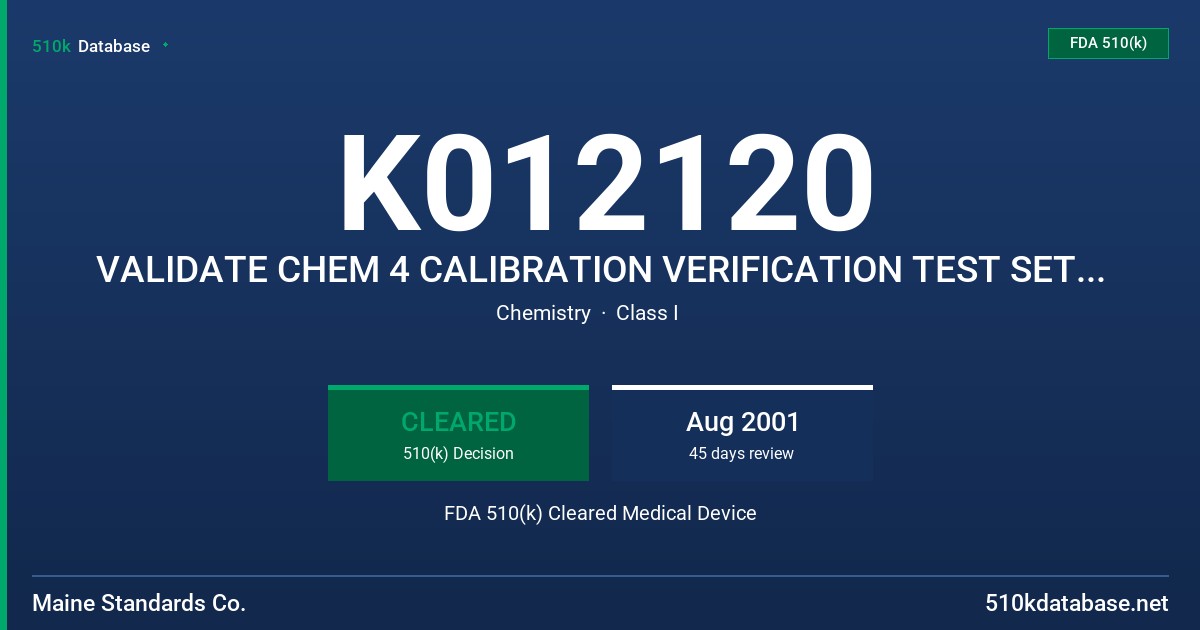 K012120 VALIDATE CHEM 4 CALIBRATION VERIFICATION TEST SET, MODEL 10004 FDA 510(k) Cleared Medical Device