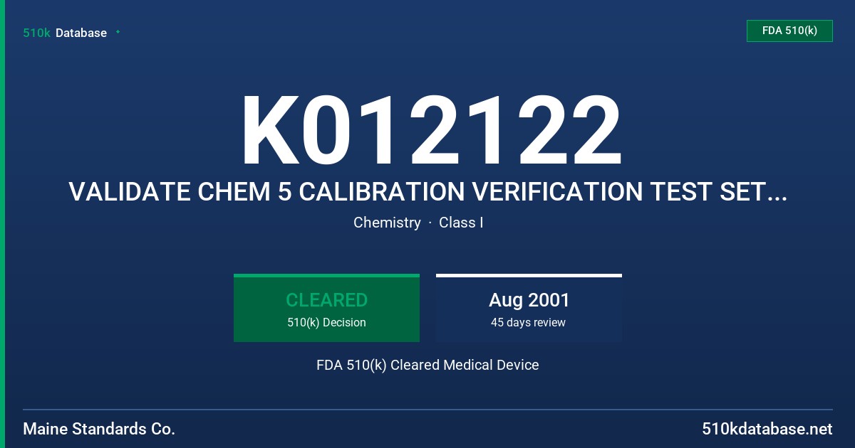 K012122 VALIDATE CHEM 5 CALIBRATION VERIFICATION TEST SET, MODEL 10005 FDA 510(k) Cleared Medical Device