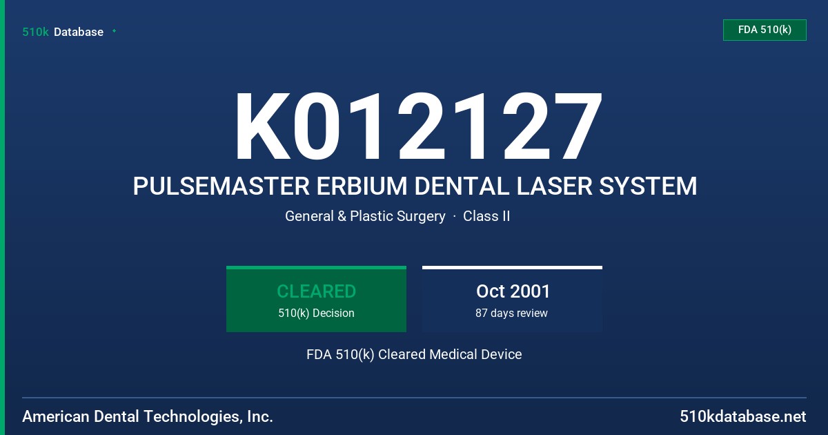 K012127 PULSEMASTER ERBIUM DENTAL LASER SYSTEM FDA 510(k) Cleared Medical Device