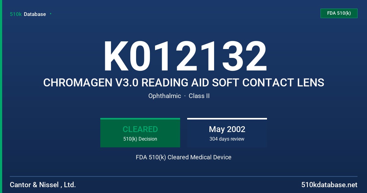 K012132 CHROMAGEN V3.0 READING AID SOFT CONTACT LENS FDA 510(k) Cleared Medical Device