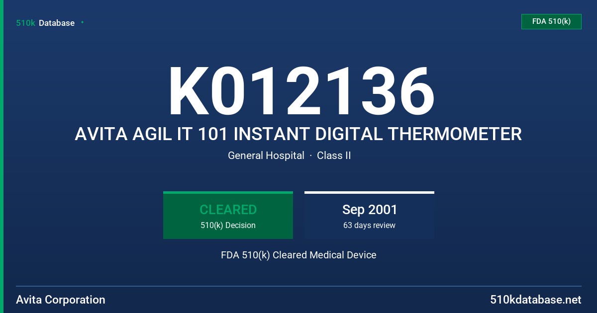 K012136 AVITA AGIL IT 101 INSTANT DIGITAL THERMOMETER FDA 510(k) Cleared Medical Device