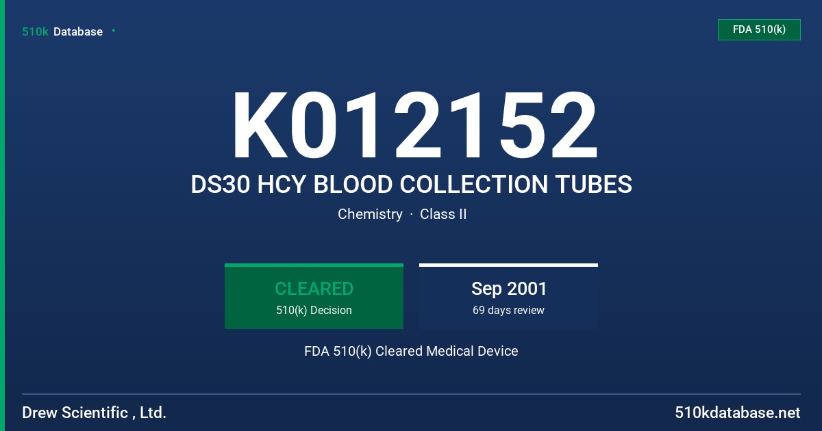 K012152 DS30 HCY BLOOD COLLECTION TUBES FDA 510(k) Cleared Medical Device