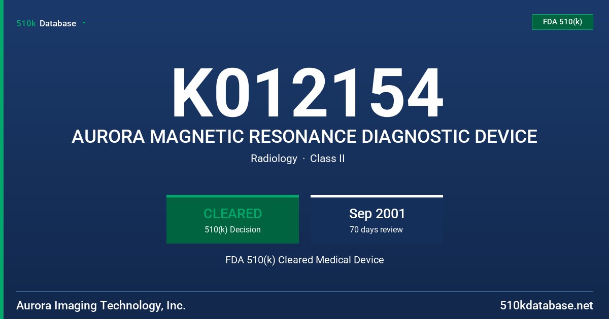 K012154 AURORA MAGNETIC RESONANCE DIAGNOSTIC DEVICE FDA 510(k) Cleared Medical Device