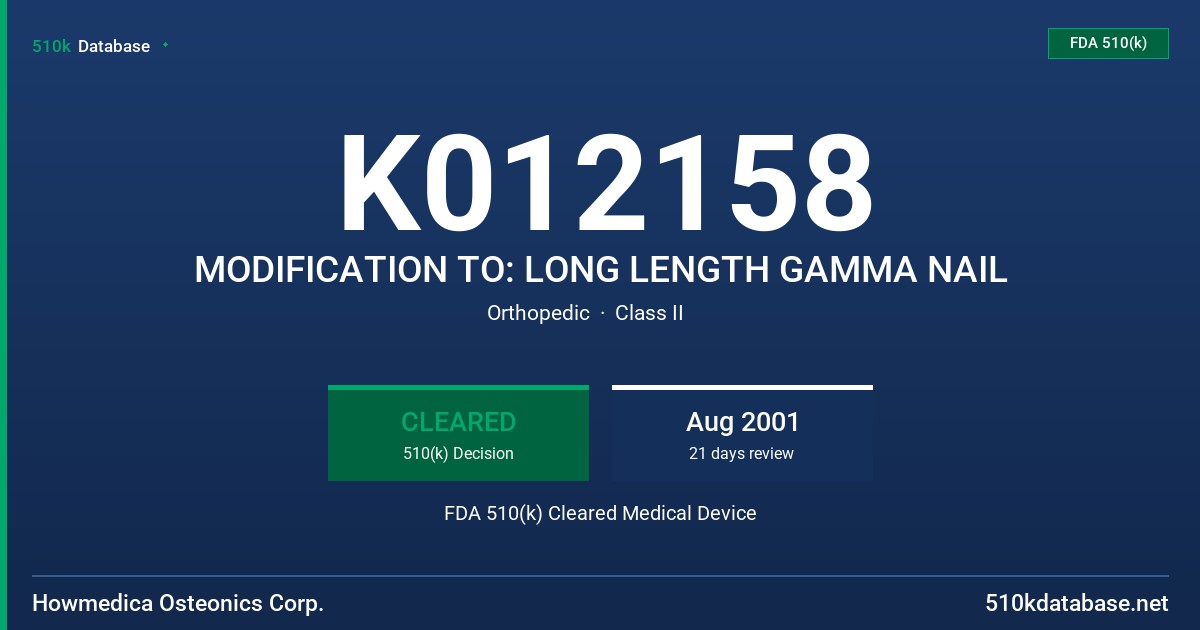 K012158 MODIFICATION TO: LONG LENGTH GAMMA NAIL FDA 510(k) Cleared Medical Device