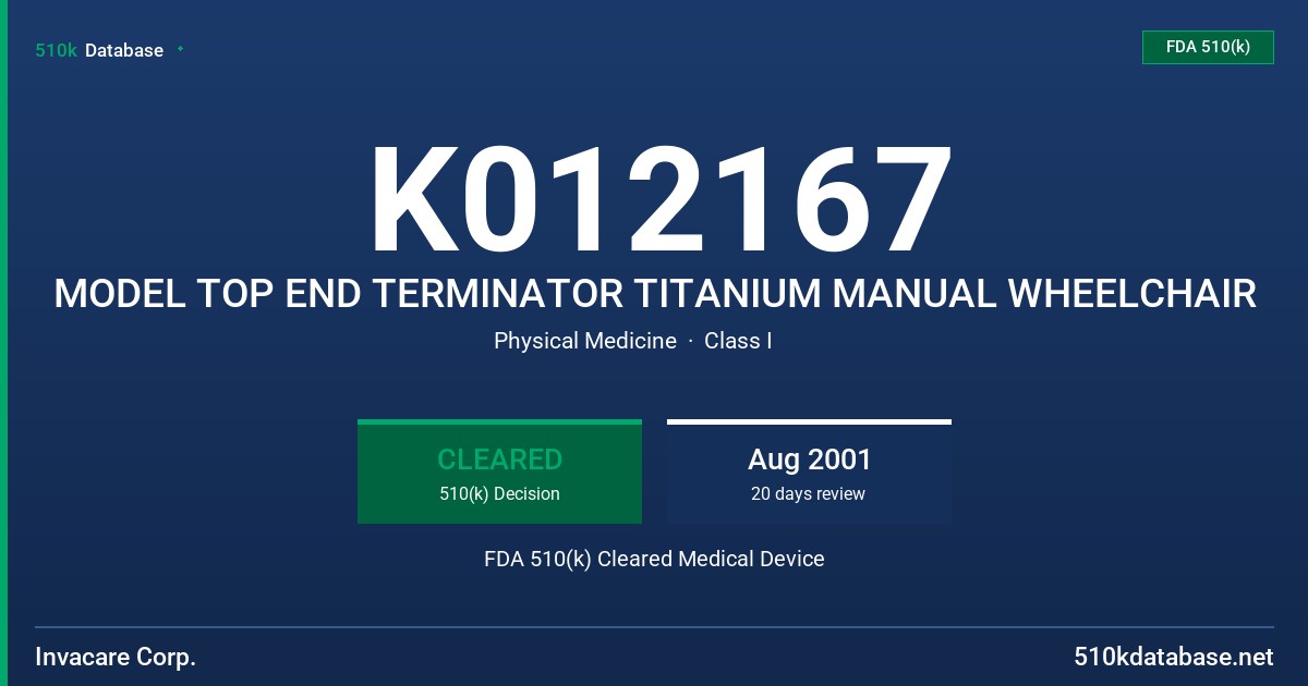 K012167 MODEL TOP END TERMINATOR TITANIUM MANUAL WHEELCHAIR FDA 510(k) Cleared Medical Device