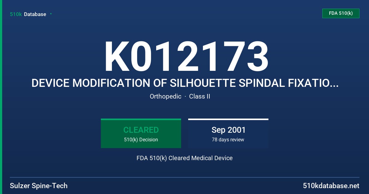 K012173 DEVICE MODIFICATION OF SILHOUETTE SPINDAL FIXATION SYSTEM FDA 510(k) Cleared Medical Device