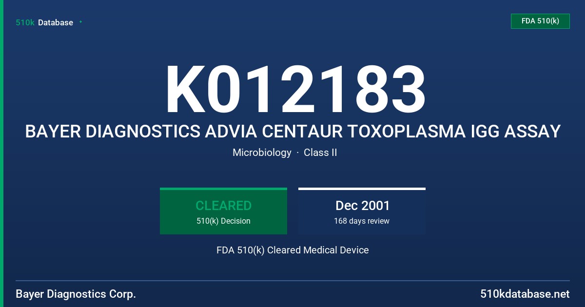 K012183 BAYER DIAGNOSTICS ADVIA CENTAUR TOXOPLASMA IGG ASSAY FDA 510(k) Cleared Medical Device