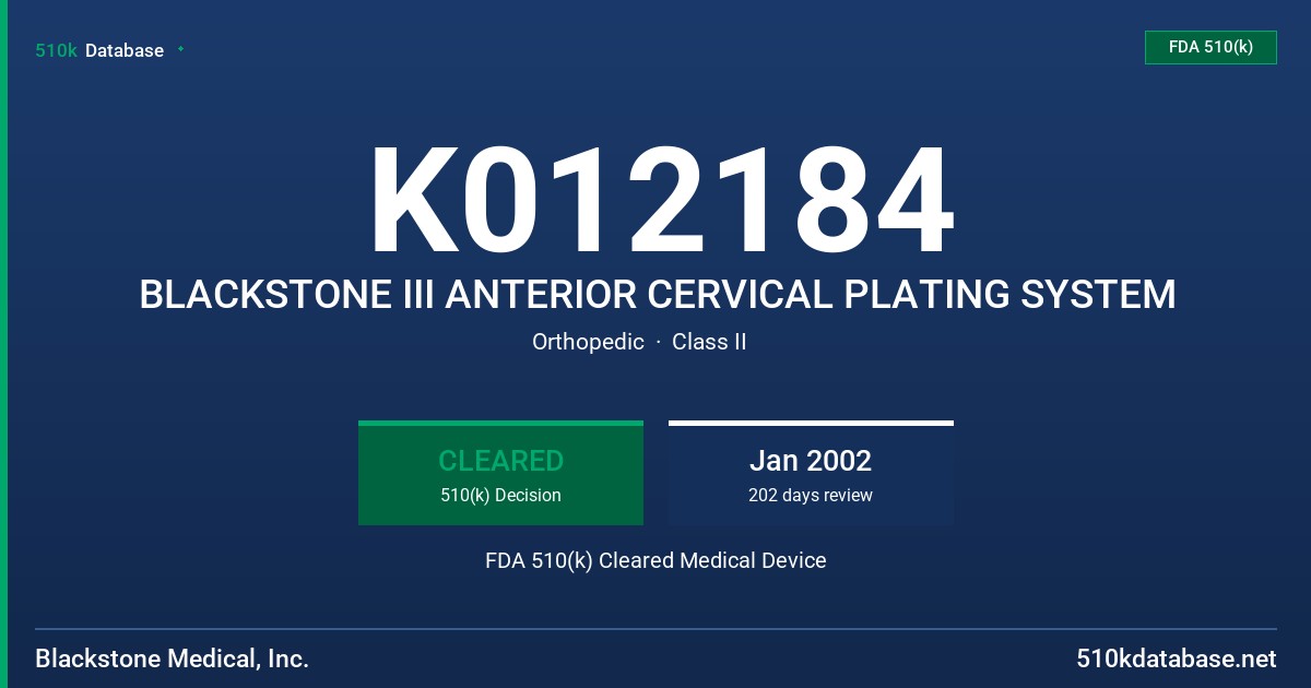 K012184 BLACKSTONE III ANTERIOR CERVICAL PLATING SYSTEM FDA 510(k) Cleared Medical Device