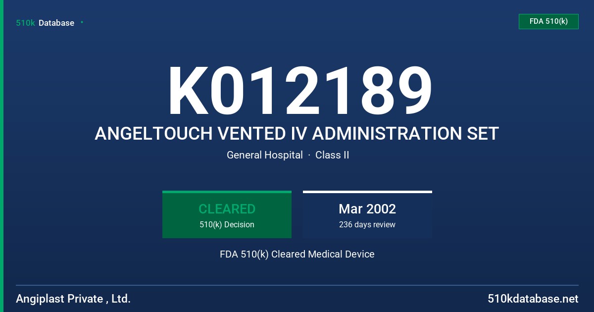 K012189 ANGELTOUCH VENTED IV ADMINISTRATION SET FDA 510(k) Cleared Medical Device