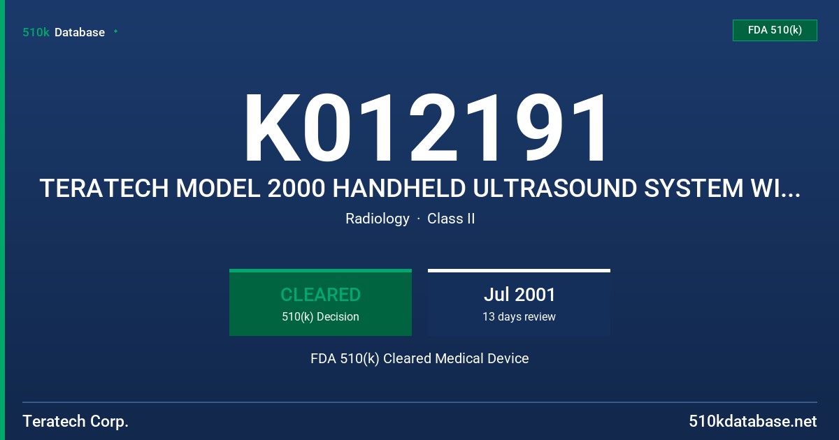 K012191 TERATECH MODEL 2000 HANDHELD ULTRASOUND SYSTEM WITH DOPPLER AND HARMONIC IMAGING MODES FDA 510(k) Cleared Medical Device