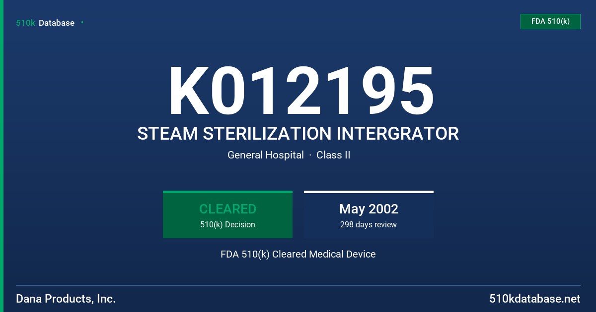 K012195 STEAM STERILIZATION INTERGRATOR FDA 510(k) Cleared Medical Device