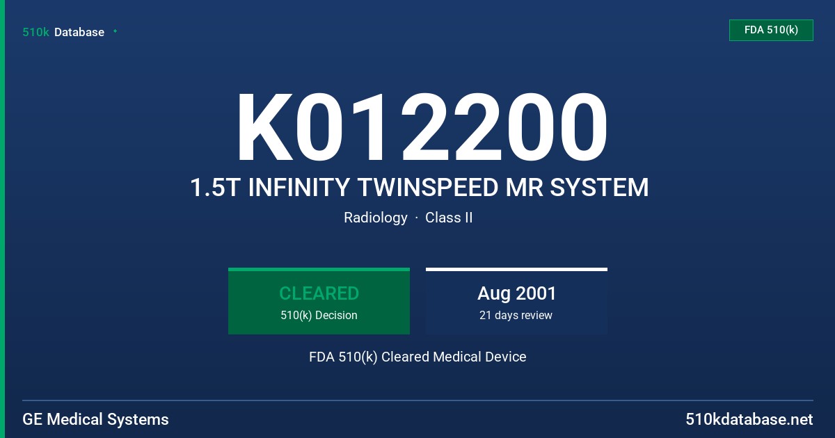 K012200 1.5T INFINITY TWINSPEED MR SYSTEM FDA 510(k) Cleared Medical Device
