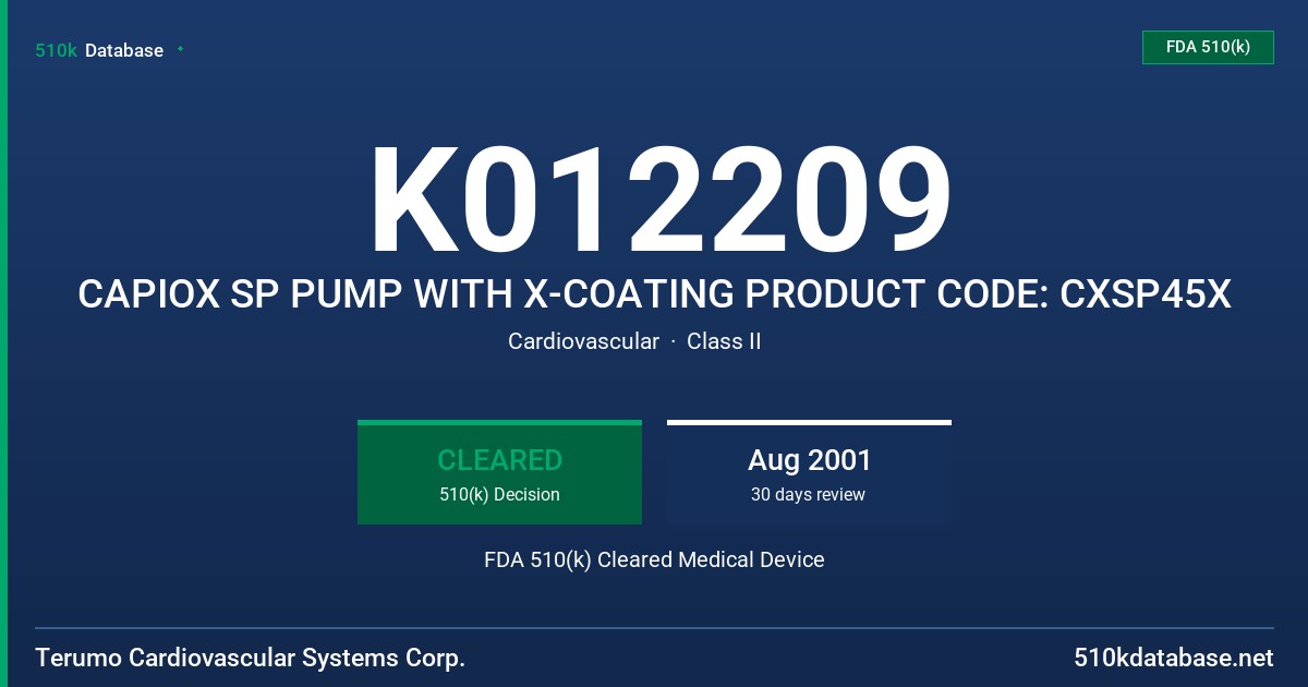 K012209 CAPIOX SP PUMP WITH X-COATING PRODUCT CODE: CXSP45X FDA 510(k) Cleared Medical Device