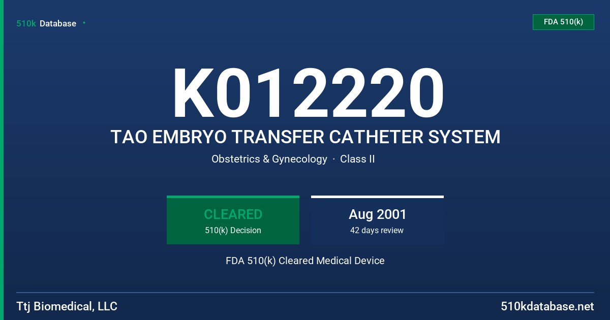 K012220 TAO EMBRYO TRANSFER CATHETER SYSTEM FDA 510(k) Cleared Medical Device