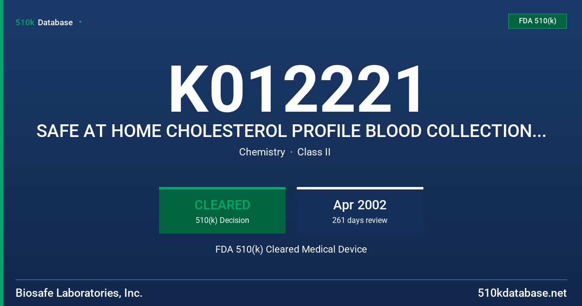 K012221 SAFE AT HOME CHOLESTEROL PROFILE BLOOD COLLECTION AND TRANSPORT SYSTEM FDA 510(k) Cleared Medical Device