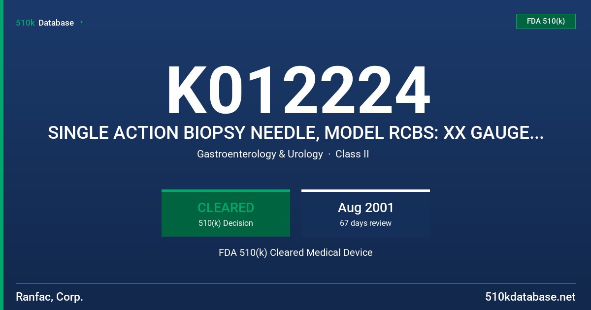 K012224 SINGLE ACTION BIOPSY NEEDLE, MODEL RCBS: XX GAUGE, XX LENGTH, XX THROW FDA 510(k) Cleared Medical Device