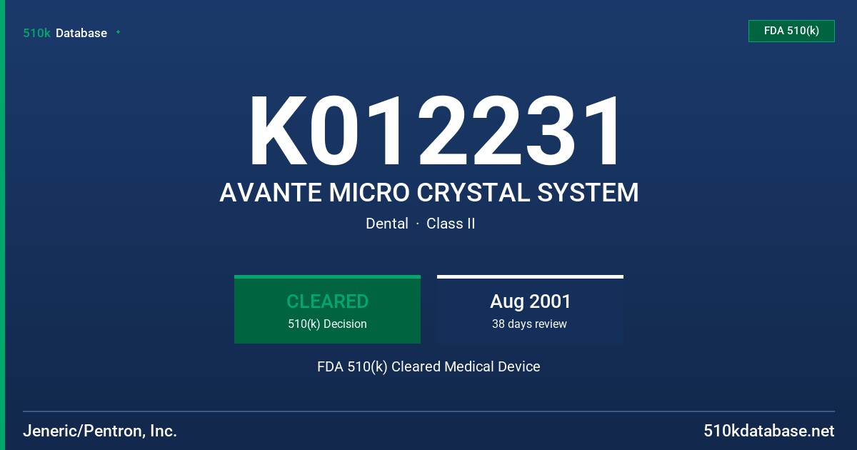 K012231 AVANTE MICRO CRYSTAL SYSTEM FDA 510(k) Cleared Medical Device