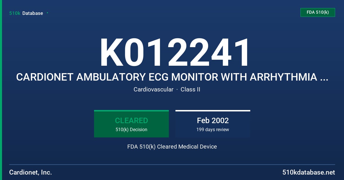 K012241 CARDIONET AMBULATORY ECG MONITOR WITH ARRHYTHMIA DETECTION, MODEL CN1001 FDA 510(k) Cleared Medical Device