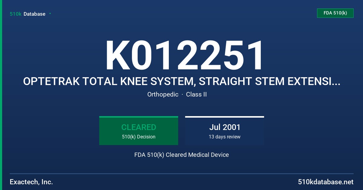 K012251 OPTETRAK TOTAL KNEE SYSTEM, STRAIGHT STEM EXTENSIONS - ADDITIONAL SIZES FDA 510(k) Cleared Medical Device