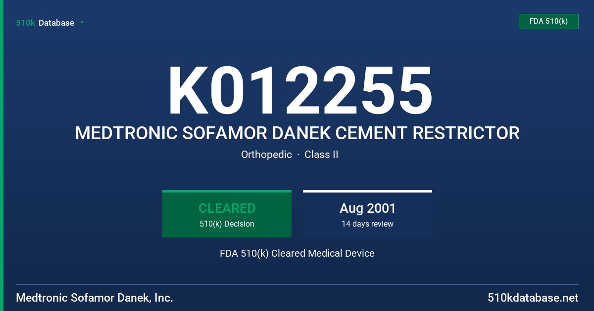 K012255 MEDTRONIC SOFAMOR DANEK CEMENT RESTRICTOR FDA 510(k) Cleared Medical Device